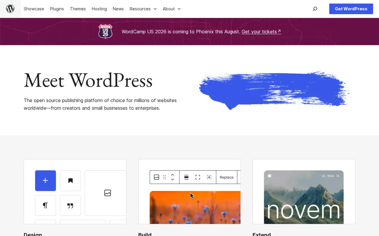 Homepage of WordPress.org at wordpress.org