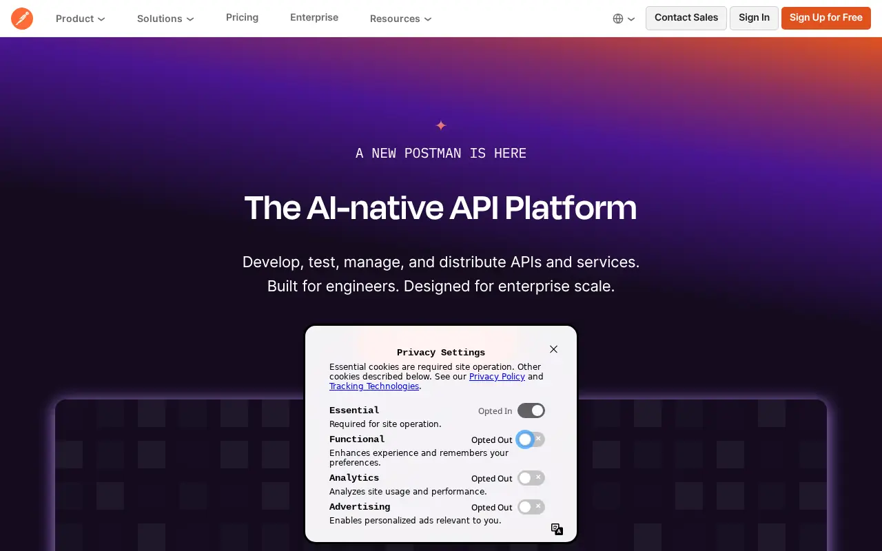Homepage of Postman at postman.com