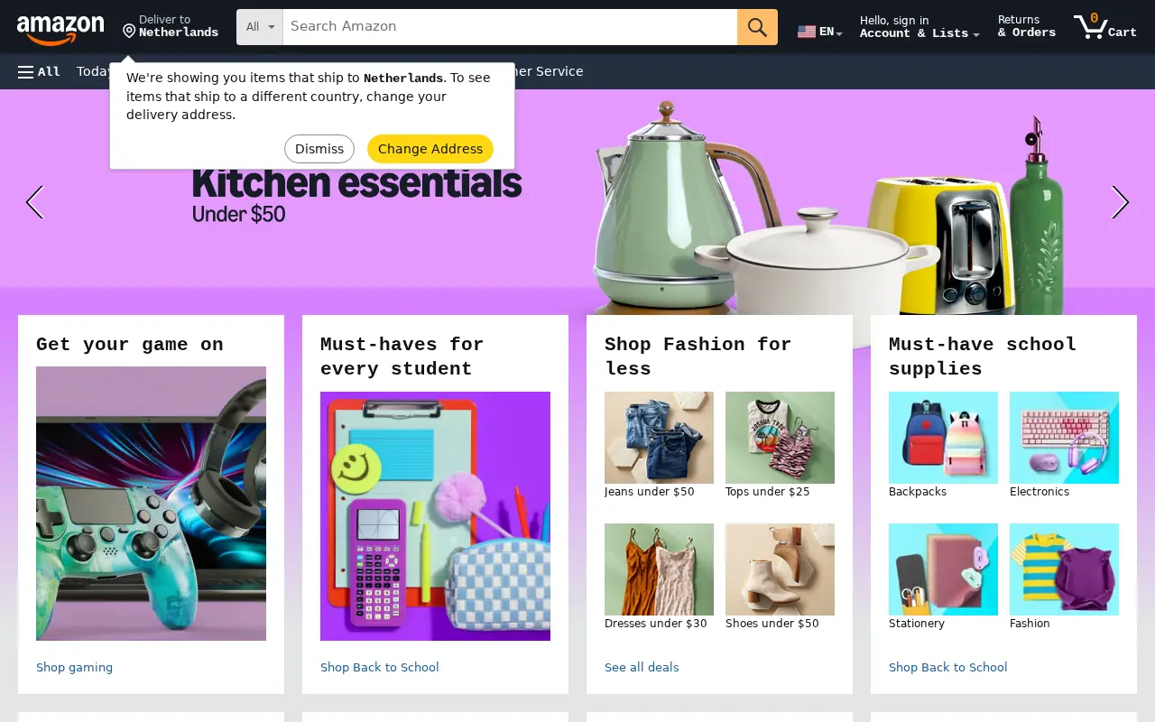 Homepage of Amazon at amazon.com