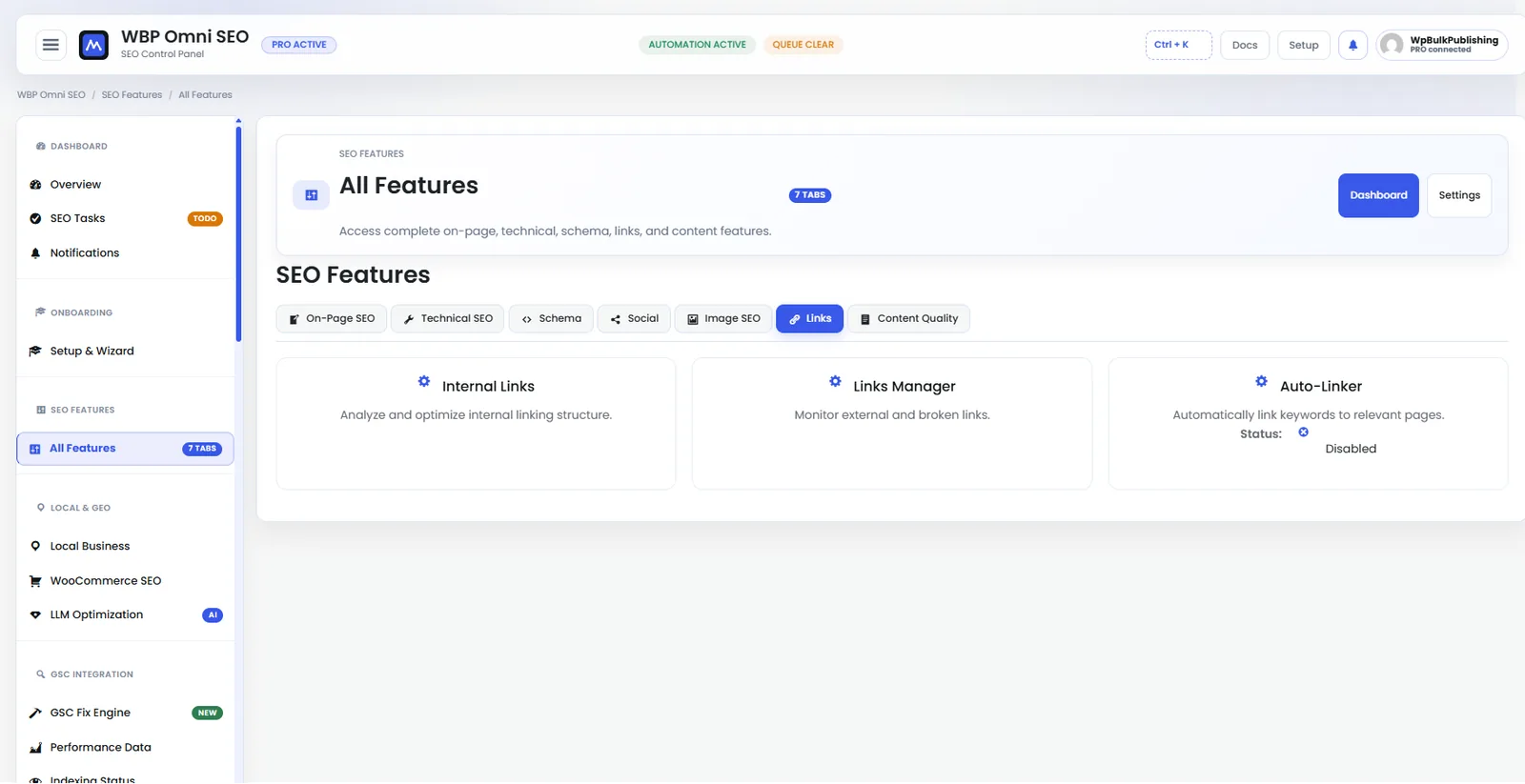 Link Manager: internal links, external links, redirects, and broken-link scanner.