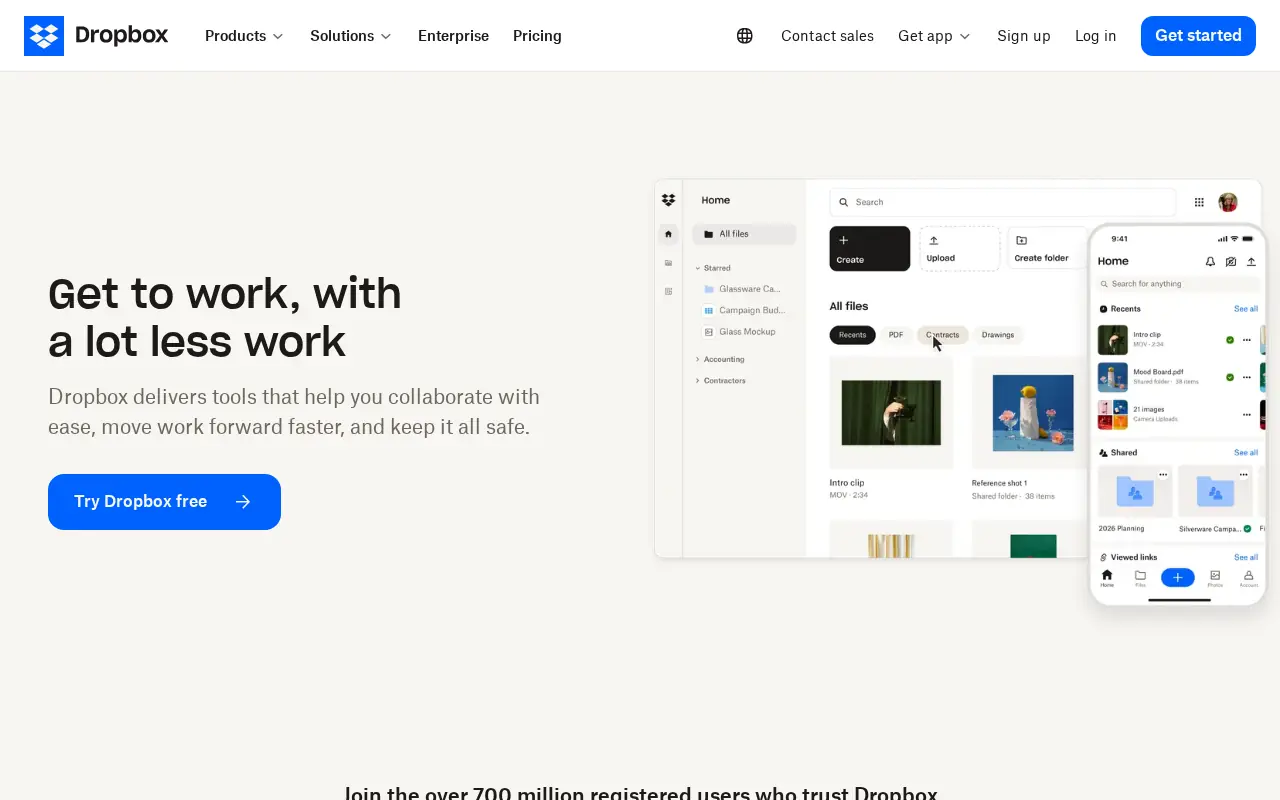 Homepage of Dropbox at dropbox.com