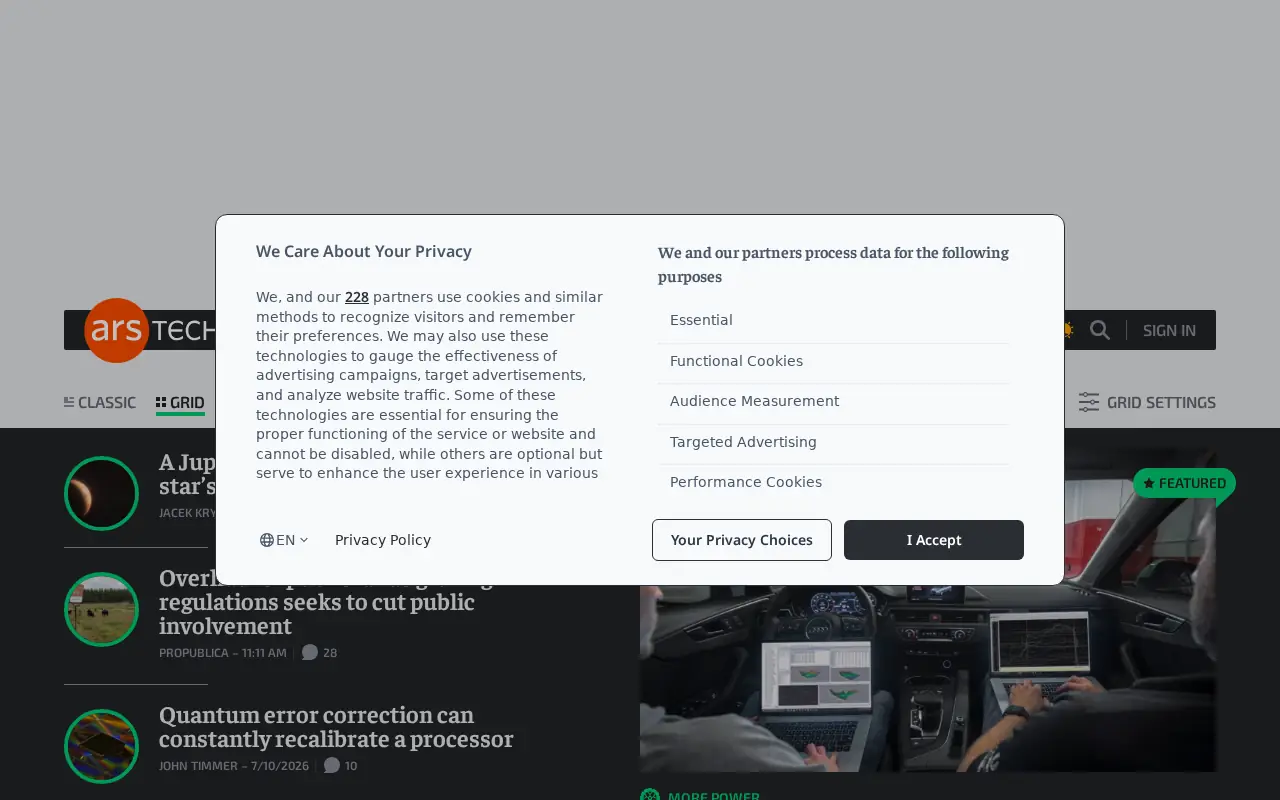 Homepage of Ars Technica at arstechnica.com