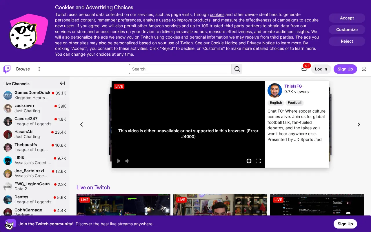 Homepage of Twitch at twitch.tv