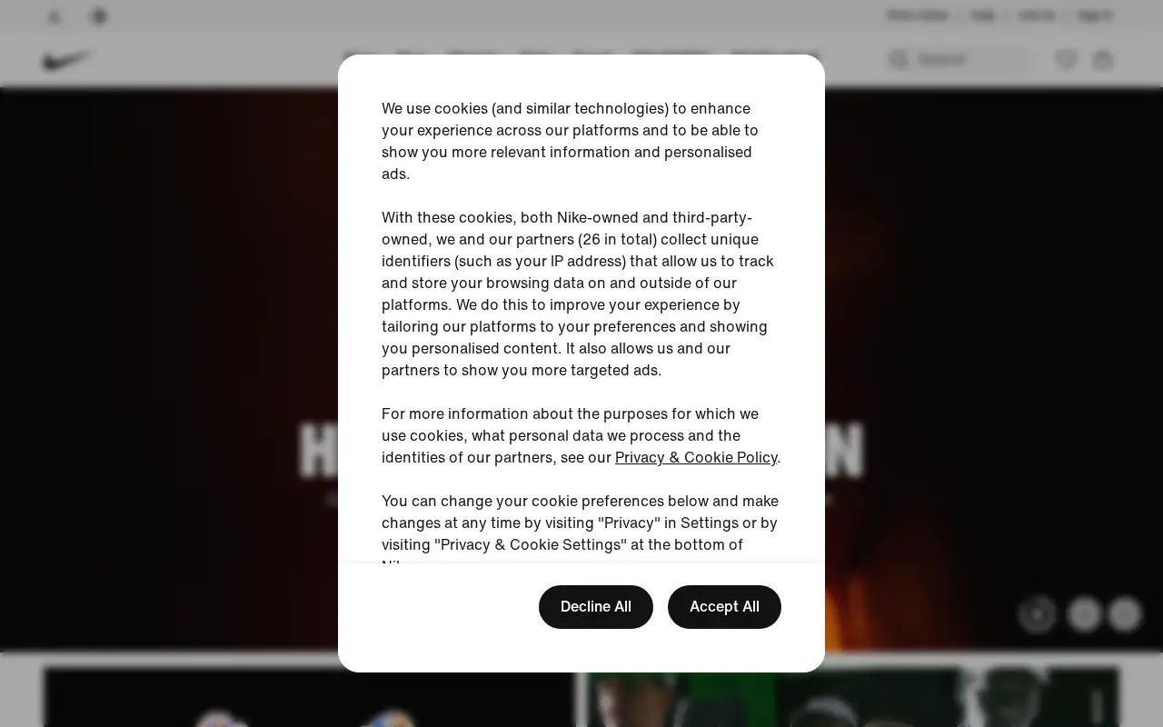 Homepage of Nike at nike.com