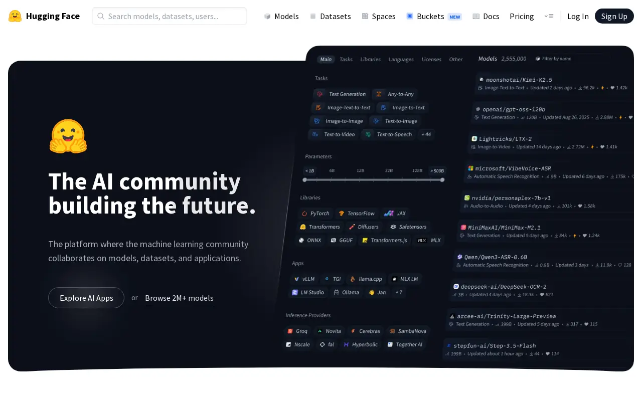 Homepage of Hugging Face at huggingface.co
