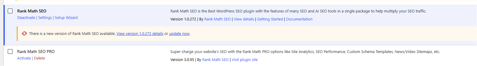 WordPress plugins screen showing Rank Math SEO and Rank Math SEO PRO both active with Deactivate links
