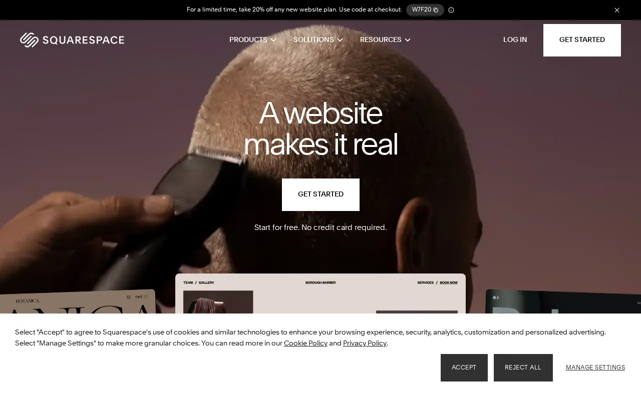 Homepage of Squarespace at squarespace.com