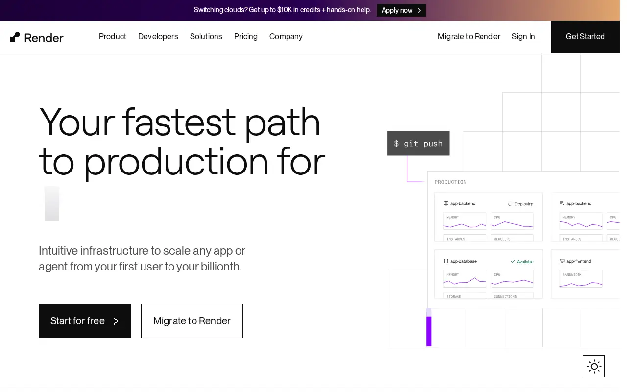 Homepage of Render at render.com