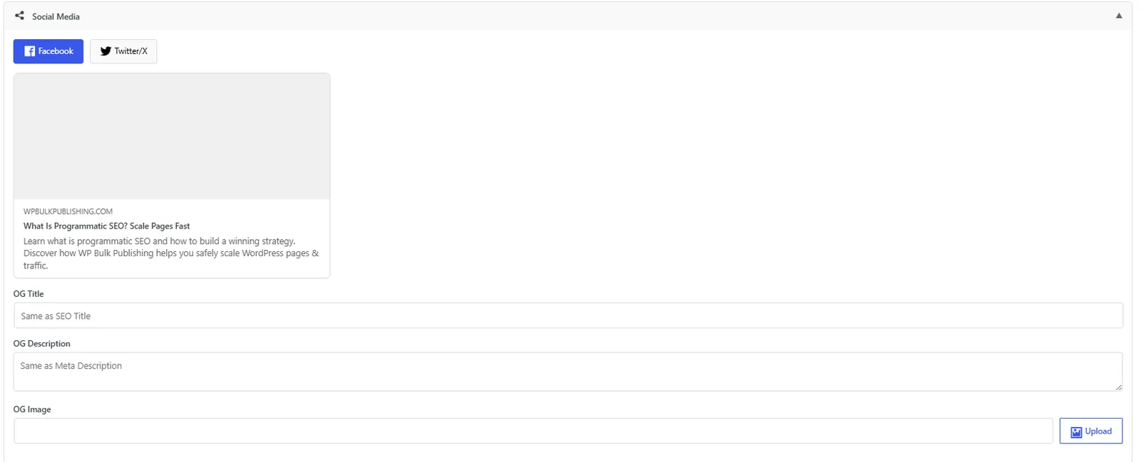 Per-post OpenGraph and Twitter/X card editor with live preview.