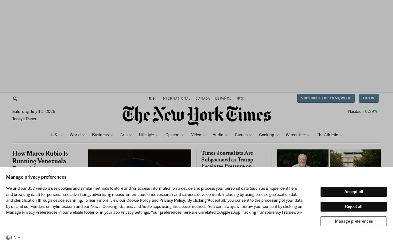 Homepage of The New York Times at nytimes.com