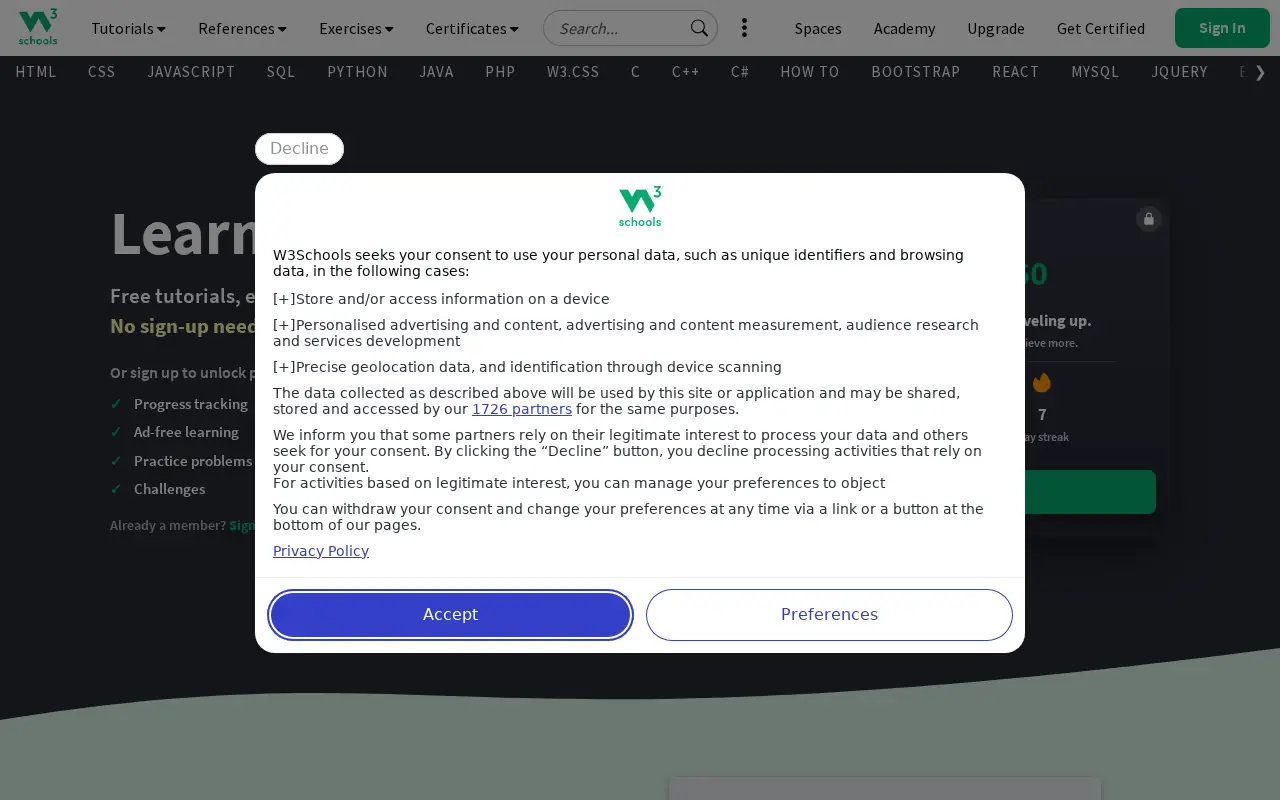 Homepage of W3Schools at w3schools.com