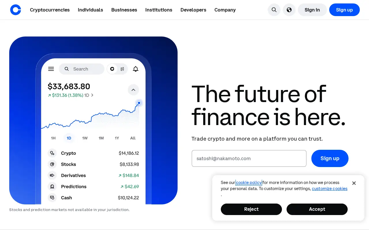 Homepage of Coinbase at coinbase.com