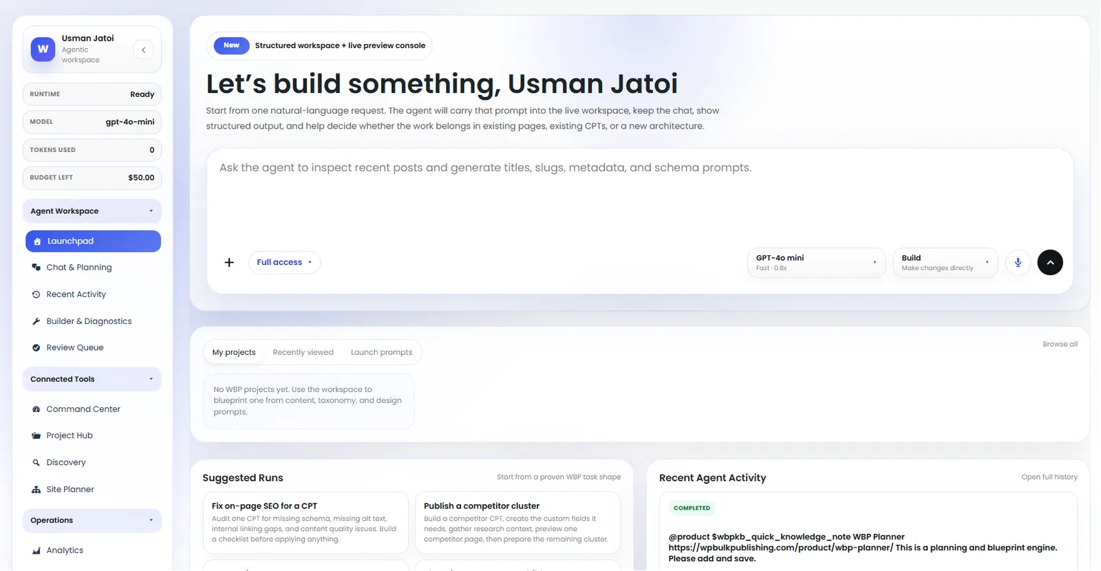 Launch pre-built agents: keyword research, content briefs, internal linking, schema fixes.