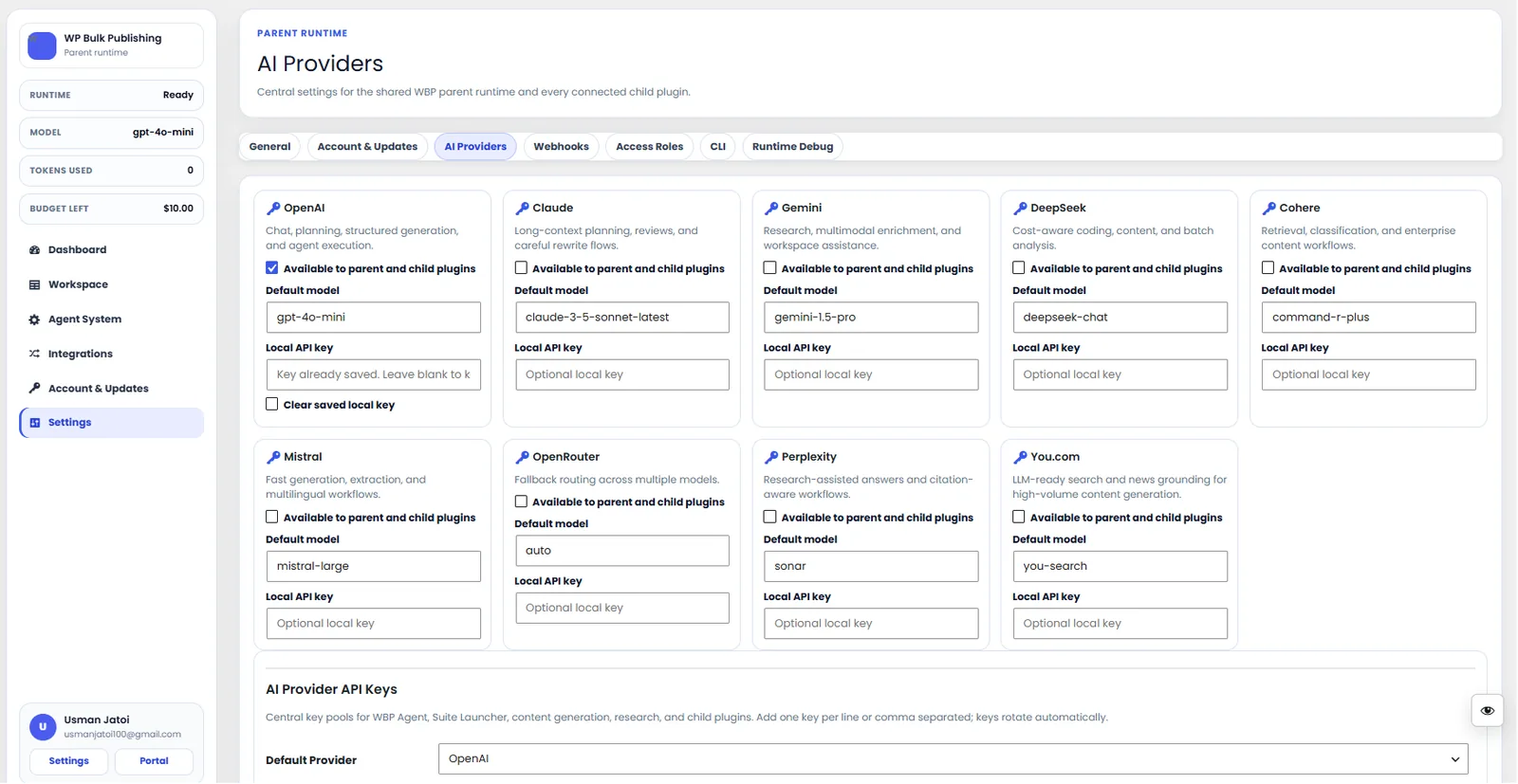 Configure AI providers — Lovable AI, OpenAI, Anthropic, Gemini — with model + budget controls.