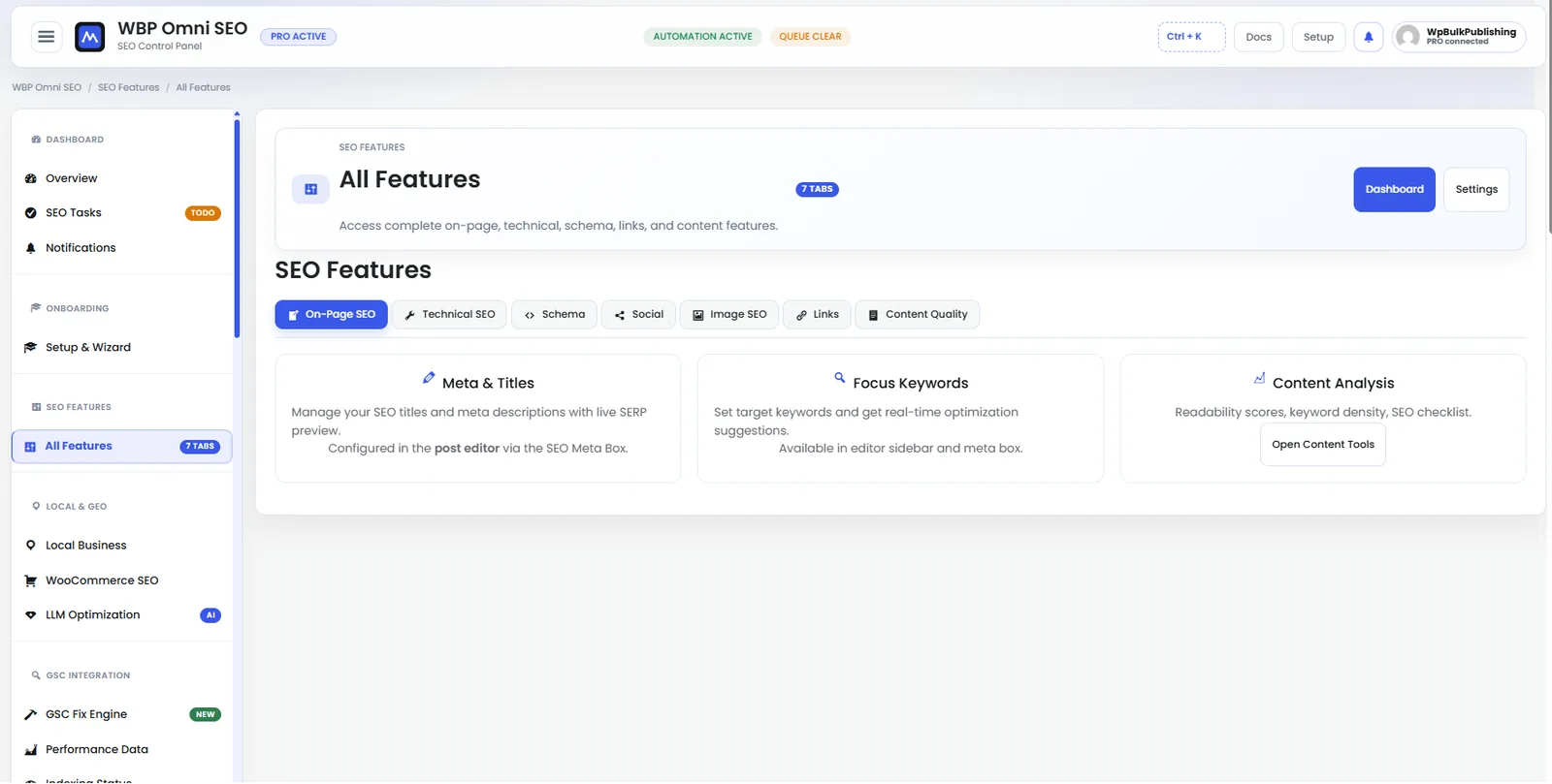 On-page SEO panel with real-time scoring and per-signal recommendations.