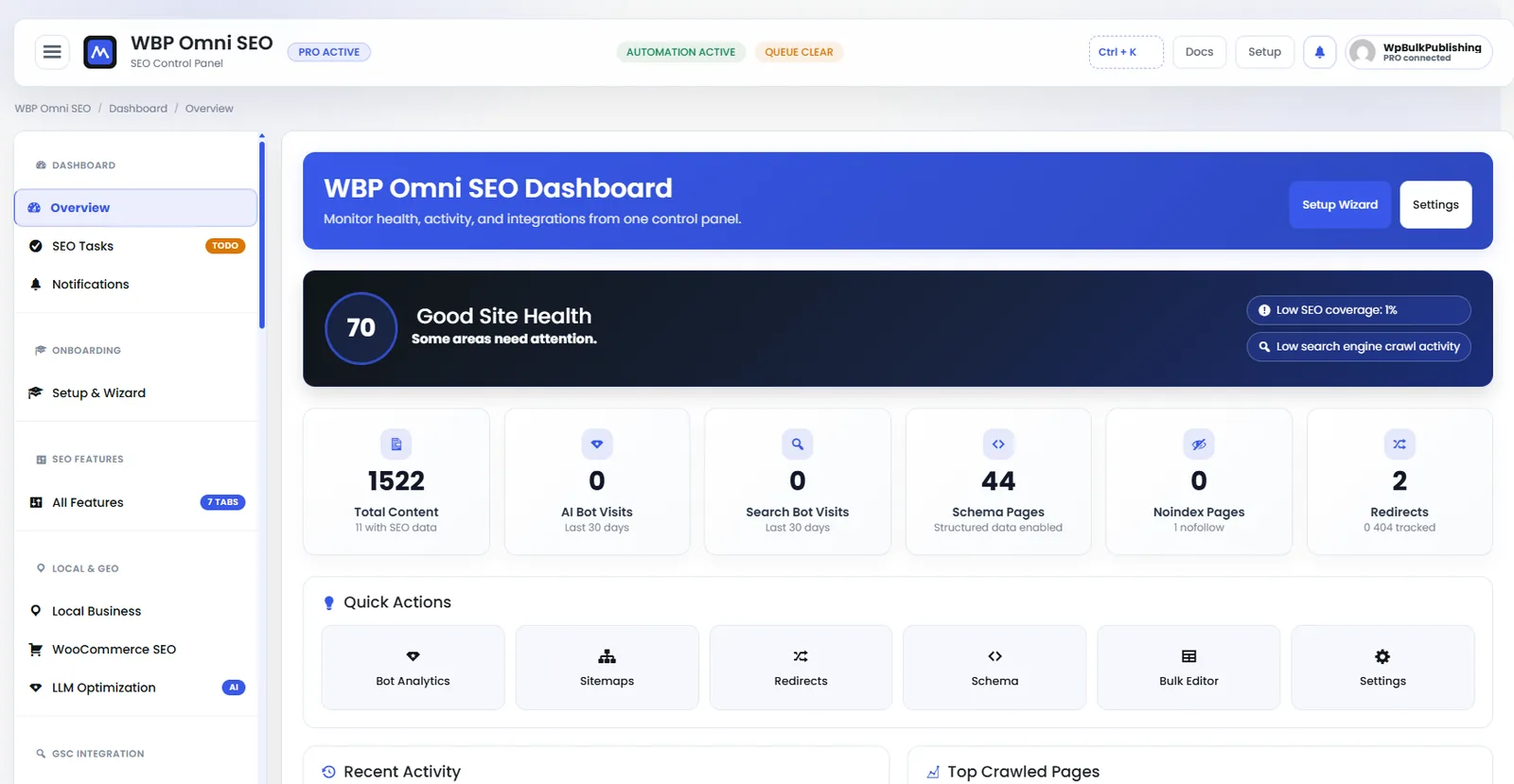 Main WBP Omni SEO dashboard showing site health, SEO score, top pages, and quick actions.