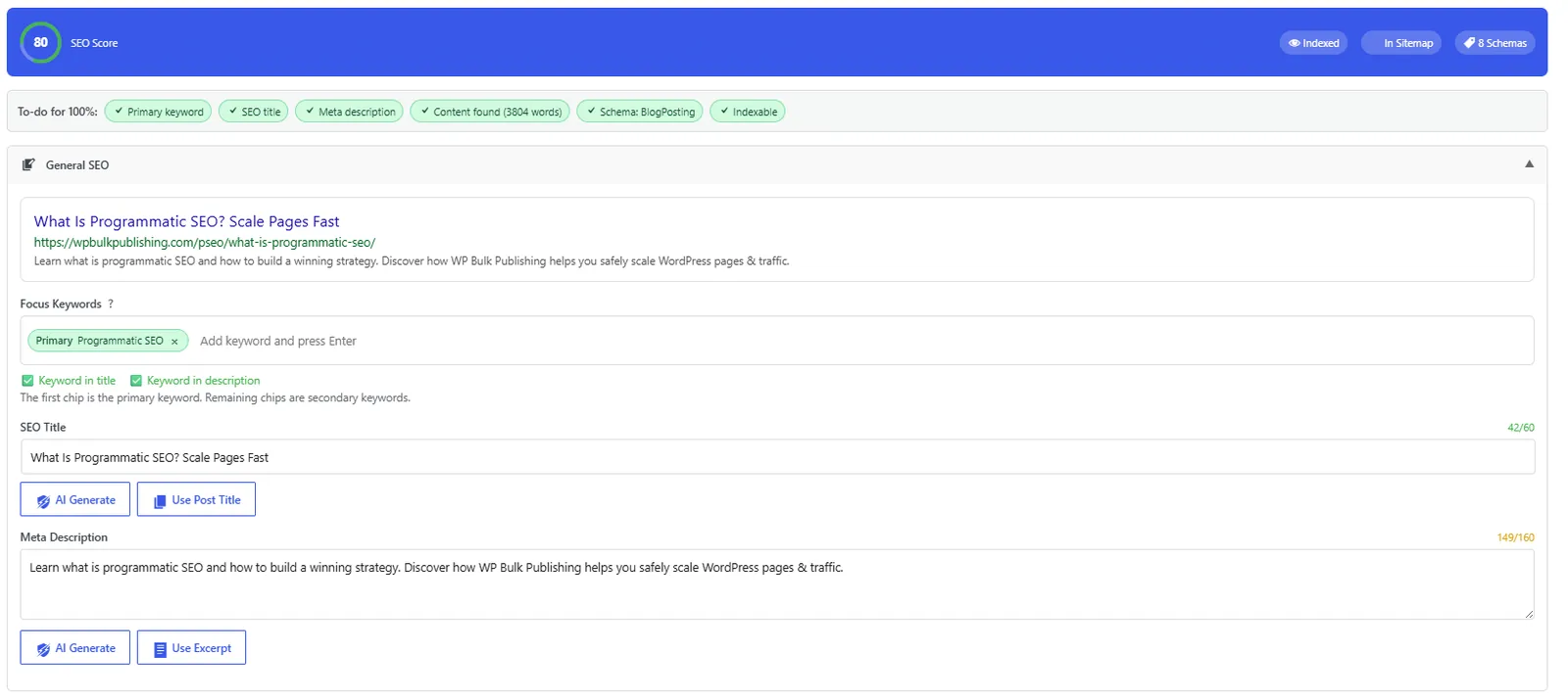 General SEO block inside the Gutenberg/Classic editor: title, description, focus keyword, snippet preview.