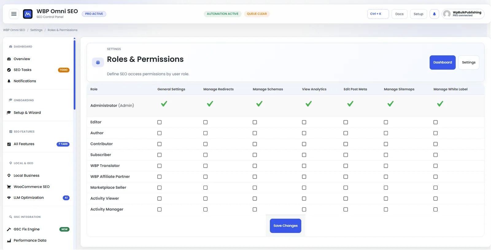 Per-role permission matrix so admins can lock down SEO features by WordPress role.